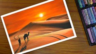 Easy oil pastel Desert scenery drawing - step by step | How to draw Desert sunset scenery