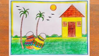 Pongal Drawing Easy / How to Draw Pongal Festival Poster Easy Steps / Happy Pongal / Pongal Pot