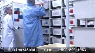 Medical Device Parts Storage Shelving Plastic Tub Supply Racks on Wheels