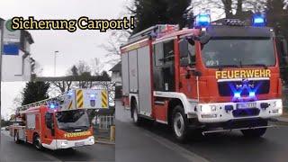 CARPORT DROHT EINZUSTÜRZEN! HLF20 + DLAK23/12 Feuerwehr Taucha auf Einsatzfahrt in Merkwitz