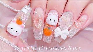 sub) So Cute Halloween Nails!/Korean Nails / Making a Embo Cat!/ Nail art / Self-nails / ASMR