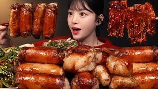 Giant intestines and spicy Buldak enoki mushrooms mukbang ASMR