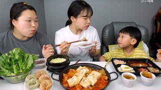 가득돼지고기찜+돈까스+만두 먹방!! (w. 희주&건우)