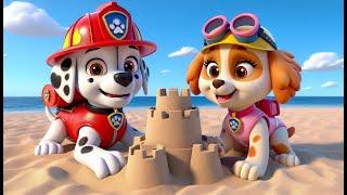 Paw Patrol Ultimate Rescue - MARSHALL and SKYE build sand castles? Very Funny Story - Rainbow 3