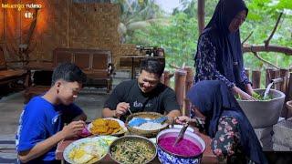 Menu buka puasa, urap urap daun pepaya,tempe goreng,telur ceplok,es buah naga, masakan desa