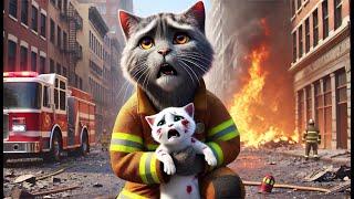 Firefighter Cat - City on Big Fire #cat #cute #catlover #catvideos #cutecat #aiimages #aicat