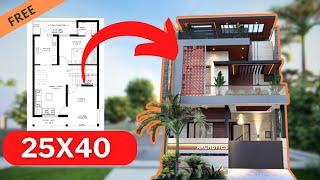 25x40 Feet House Design 3D: 3 Bedrooms, 3 Bathrooms, 7x12 Meters  | 1000 Sqft | 111 Gaj | Archbytes