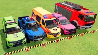 TRANSPORTING POLICE CAR, FIRE TRUCK, AMBULANCE, COLORFUL CARS, FARMING SIMULATOR 22