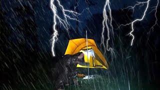 SOLO CAMPING IN HEAVY RAIN WITH NON STOP THUNDERSTORMS, IN THE RAIN ALL NIGHT - RELAXING RAIN SOUND