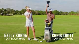 Chris Trott of Team TaylorMade talks with LPGA Pro Nelly Korda about the new Qi10 Max Driver