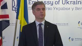 Ukrainian Ambassador Vadym Prystaiko to the UK holds a news briefing as Russia invades Ukraine.