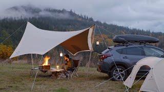 SOLO CAMPING Gloomy Autumn Meadow with Snow Peak Takibi Tarp and Amenity Dome