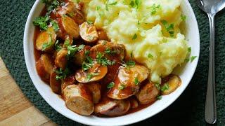 "Bratwurst" Sausage with Chasseur Sauce & Mashed Potatoes | Recipe | Fast Food Mushrooms | Simple