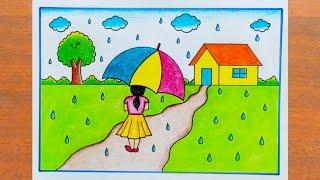 Rainy Season Drawing / How to Draw Rainy Day Drawing Easy Steps / Rainy Day Scenery Drawing Easy