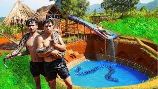 Primitive Survival 4K Video - Build PYTHON House & Water Slide Swimming Pool Underground House