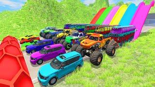 HT Gameplay Crash # 452 | Monster Truck & Big Small Cars vs Trap Colors High Speeds vs Speed Bumps