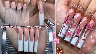 CHERRY BLOSSOM POLYGEL NAILS HOW TO FRENCH TIP & 3D FLOWER CHARMS DESIGN! | Nail Tutorial