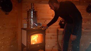 Wooden shelter with a large stove in mountains, Afghan cauldron, Two days building the cabin