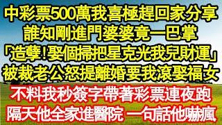 中彩票後500萬我喜極趕回家分享，誰知剛進門婆婆竟一巴掌「造孽！娶個掃把星克光我兒財運」被裁老公怒提離婚要我滾娶福女，不料我秒簽字帶著彩票連夜跑真情故事會||老年故事||情感需求||愛情||家庭