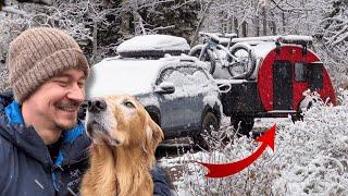 Snow camping in a teardrop trailer w/ my dog | Bean Trailer Review