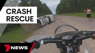 Brisbane motorcycle riders help save woman from crash wreckage at Beerburrum | 7 News Australia