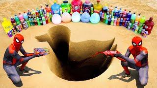 Spiderman & Big Toothpaste Eruption from Duck pit, Giant Coca Cola, Fanta, Orbeez, Mirinda vs Mentos