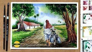 Village Scenery Painting tutorial in Hindi / Watercolor  painting for beginners