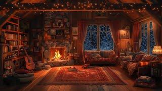 Deep Sleep Amidst a Serene Snowstorm: Cozy Winter Hut with Gentle Snowfall, Howling Wind & Fireplace