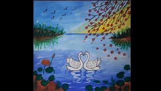 #Beautiful Swan Pair Painting/#Peaceful Scenery Painting/#Shorts/#Drawing/#Landscape Painting