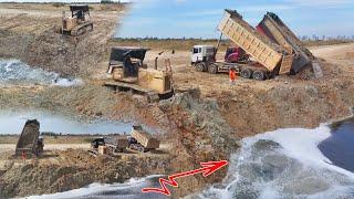 Best Showing Action Of Big Bulldozer Working On a Big Lake And DumpTruk 25TON