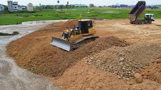 Loading Bulldozer Transporting Trailer & Bulldozer Pushing Dirt , Dump Truck Unloading Dirt