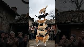 Eight dogs are stacked layer by layer. The dog at the bottom is really amazing