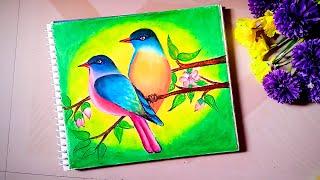 How to draw Beautiful Birds Sitting on Tree / Stay Home Stay Safe Drawing/ Easy Beautiful Birds