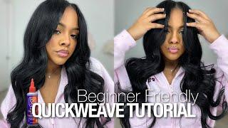 DIY FLAT MIDDLE PART QUICKWEAVE TUTORIAL + Barrel Curls & BLENDING LEAVE OUT | BEGINNER FRIENDLY 