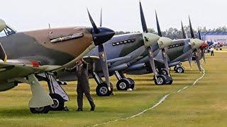 14 Rolls Royce Merlin War Birds, Spitfires and Hurricanes scramble and taxi out for mass flypast.