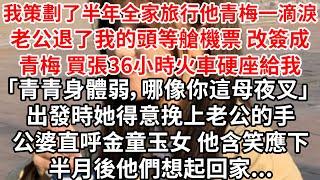 我策劃了半年全家旅行 他青梅一滴淚，老公退了我的頭等艙機票改簽青梅 買張36小時火車硬座給我「青青身體弱，哪像你這母夜叉」 出發時她得意挽上老公的手，公婆直呼金童玉女 他含笑應下，半月後他們回家