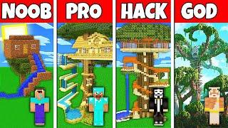 Minecraft Battle: NOOB vs PRO vs HACKER vs GOD! TREE HOUSE WITH WATER SLIDE BUILD CHALLENGE