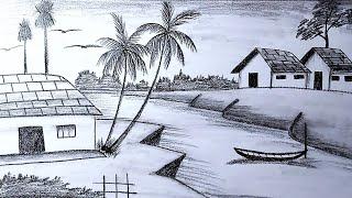 How to draw water ways village scenery | Beautiful House scenery drawing by pencil