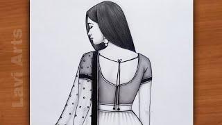 Easy Step by Step Girl Backside drawing in Traditional dress | Girl Pencil Drawing | Drawing | Art