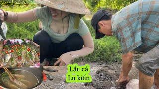 Hai út cháu đi chày cá dính cả thùng cá lu kiến về nhúng lẩu ăn #thanhgiangvlog