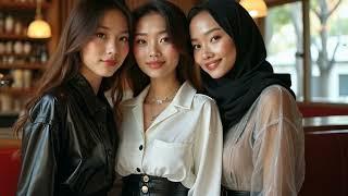 Three women inviting people into their cafe, fashion made of satin, leather, transparent application