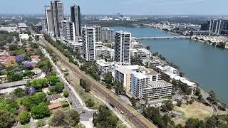 Drone over Parramatta River Rhodes Meadowbank Sydney jacaranda HD 4K