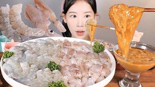 이 조합 조하 생새우회 꼴뚜기회 해삼내장 먹방 Raw Shrimp, Raw Baby squid, Sea cucumber intestines[eating show] mukbang