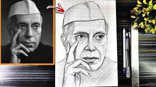 Jawarlal Nehru Drawing Outline, Childrens Day Drawing, How To Draw Jawaharlal Nehru With Grid Method