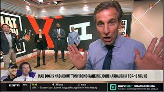 FIRST TAKE | Stephen A. reacts Mad Dog is MAD about Tony Romo ranking John Harbaugh a Top-10 NFL HC