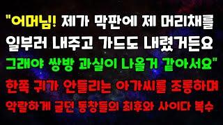 "어머님! 제가 막판에 제 머리채를 일부러내주고 가드도 내렸거든요 그래야 쌍방과실이 나올거 같아서요" 한쪽귀가 안들리는 아가씨를 조롱하며 악랄하게 굴던 동창들의 최후와 사이다 복수