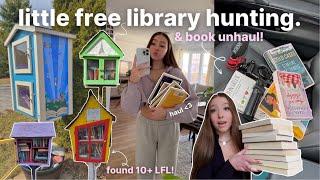 little free library hunting & HUGE book unhaul  mini book haul!