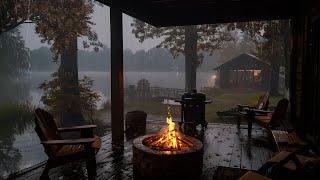 Peaceful Rainfall on a Wooden Lake Cabin Porch | Rain for Meditation and Beat Insomnia