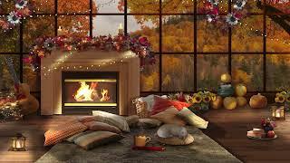 Cozy Autumn | Autumn Cabin Ambience with Fireplace | Crunching Leaves & Birdsong