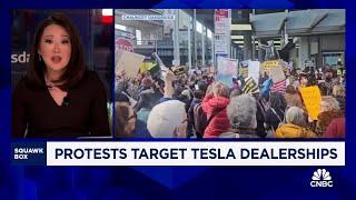 Protests target Tesla dealerships